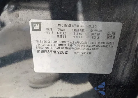 2017 Chevrolet Cruze Lt Auto from USA, damaged, VIN 1G1BE5SM7H7223302